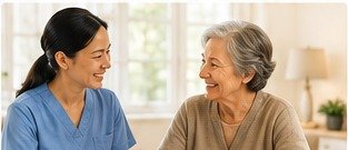 Caregiver enjoying conversation with an older adult