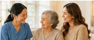 Caregiver speaking with an older adult and family member