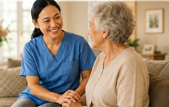 Private caregiver sharing a warm moment with an older adult at home